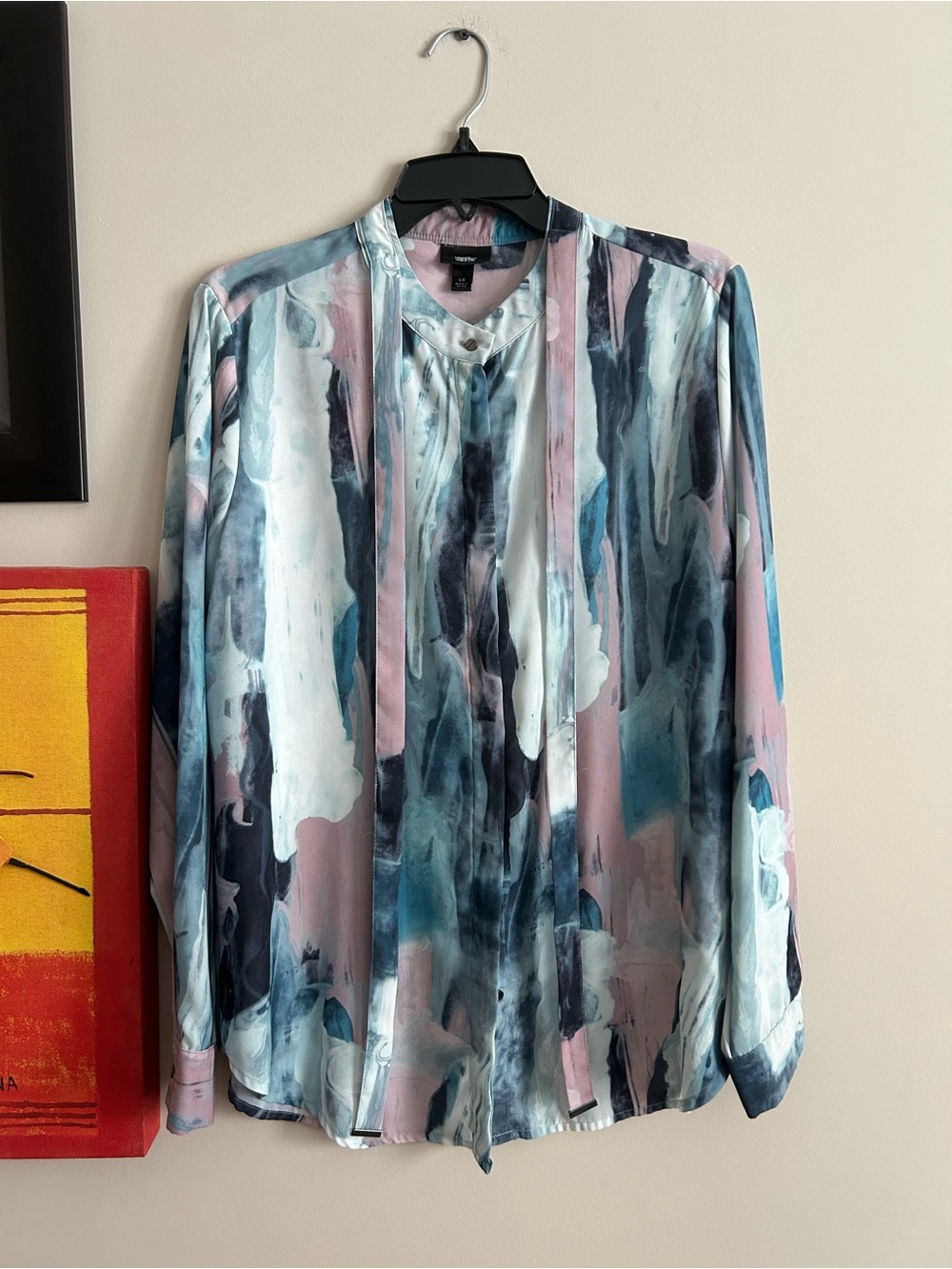 Abstract Print Tie-Neck Blouse - Pink & Blue